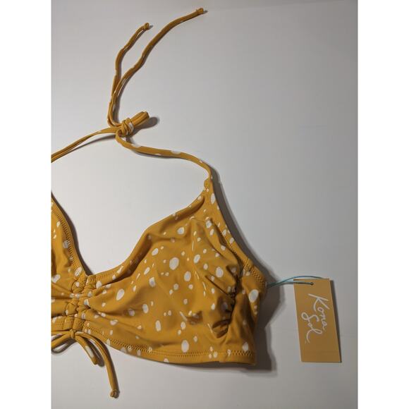 Kona Sol Bikini Yellow XL Cinched Front Dot Print Top Neck Tie Swimsuit Beach - Picture 2 of 11